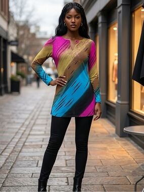 Vintage Y2K Color Block Top Blouse Sequin Embellished Tunic Gold Pink Blue Small